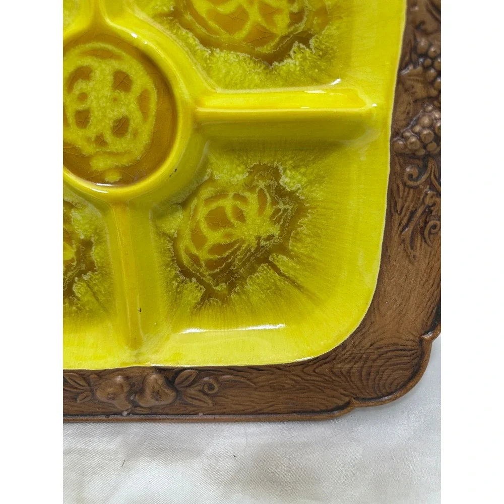 Treasure Craft‎ Divided Serving Tray Yellow Excellent Lava Glaze Fruit MCM Retro